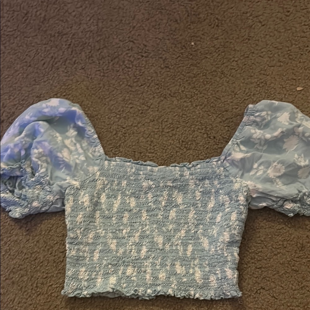 As U Wish Blue and White Smocked Puff Sleeve Crop Top